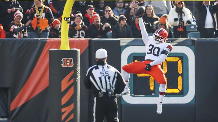 Devin Bush celebrates after returning an interception for a touchdown against the Cincinnati Bengals. Devin Bush celebrates after returning an interception for a touchdown against the Cincinnati Bengals.