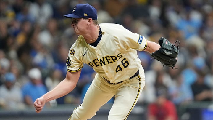 Milwaukee Brewers pitcher Quinn Priester (46) pitches during the second inning of the of their National League Championship Series game against the Los Angeles Dodgers October 13, 2025 at American Family Field in Milwaukee, Wisconsin.