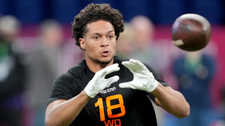 Mar 1, 2025; Indianapolis, IN, USA; Iowa State wideout Jayden Higgins (WO18) during the 2025 NFL Combine at Lucas Oil Stadium. Mandatory Credit: Kirby Lee-Imagn Images