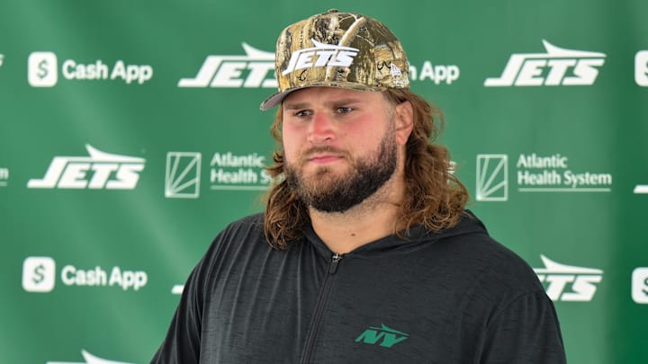 Jul 23, 2025; Florham Park, NY, USA; New York Jets center Joe Tippmann (66) speaks at a press conference during training camp at Atlantic Health Jets Training Center.