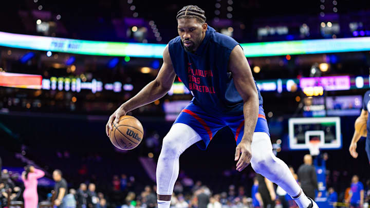 Apr 12, 2024; Philadelphia, Pennsylvania, USA; Philadelphia 76ers center Joel Embiid warms up before action against the Orlando Magic at Wells Fargo Center. Mandatory Credit: Bill Streicher-Imagn Images