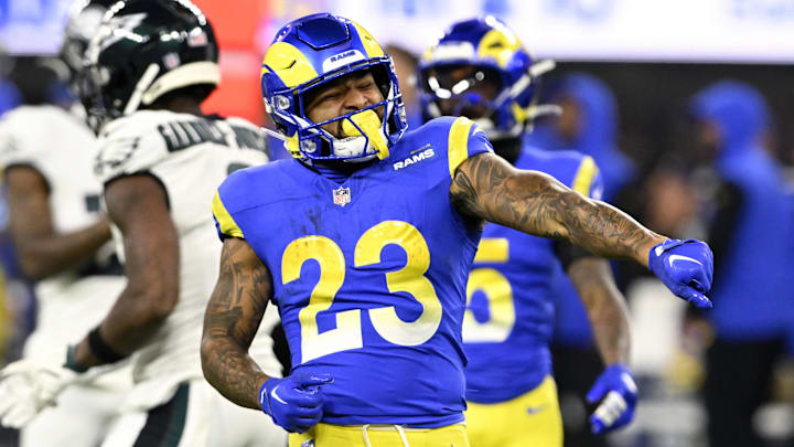 Nov 24, 2024; Inglewood, California, USA;  Los Angeles Rams running back Kyren Williams (23) reacts after a long run against the Philadelphia Eagles during the first half at SoFi Stadium. Mandatory Credit: Alex Gallardo-Imagn Images