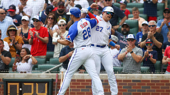 Jun 17, 2023; Atlanta, Georgia, USA; Atlanta Braves first baseman Matt Olson (28) celebrates with