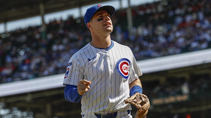 Sep 27, 2025; Chicago, Illinois, USA; Chicago Cubs third baseman Matt Shaw (6) runs back to the dugout during the first inning of a baseball game against the St. Louis Cardinals at Wrigley Field. Mandatory Credit: Kamil Krzaczynski-Imagn Images