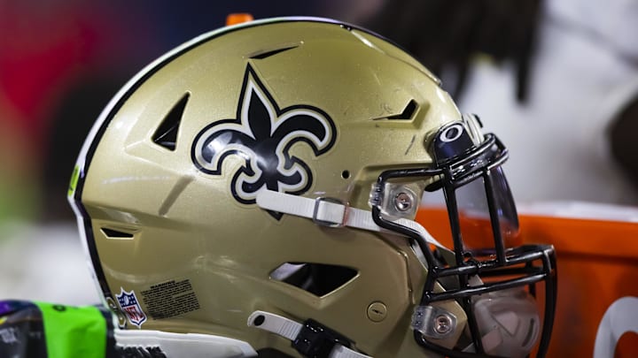 Oct 20, 2022; Glendale, Arizona, USA; Detailed view of a New Orleans Saints helmet at State Farm Stadium. Mandatory Credit: Mark J. Rebilas-Imagn Images