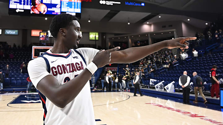 Jan 31, 2026; Spokane, Washington, USA; Gonzaga Bulldogs center Ismaila Diagne (24) celebrates after a game against the Saint Mary's Gaels at McCarthey Athletic Center. Gonzaga Bulldogs won 73-65.