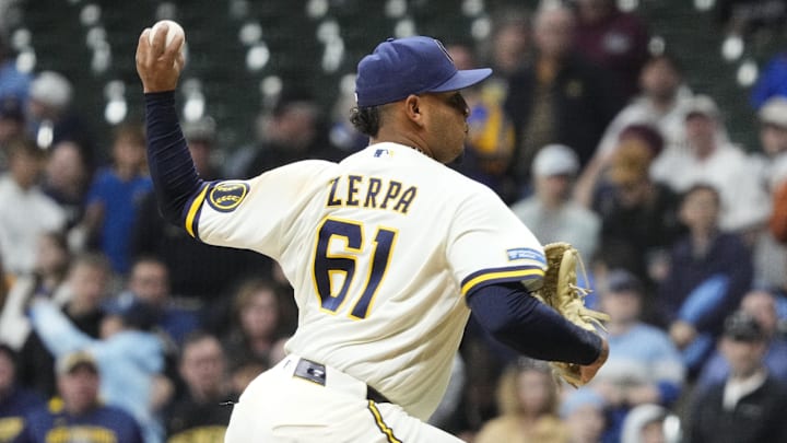 Mar 31, 2026; Milwaukee, Wisconsin, USA; Milwaukee Brewers pitcher Angel Zerpa (61) delivers a pitch against the Tampa Bay Rays in the ninth inning at American Family Field. Mandatory Credit: Final Milwaukee Brewers 6, Tampa Bay Rays 2. Michael McLoone-Imagn Images