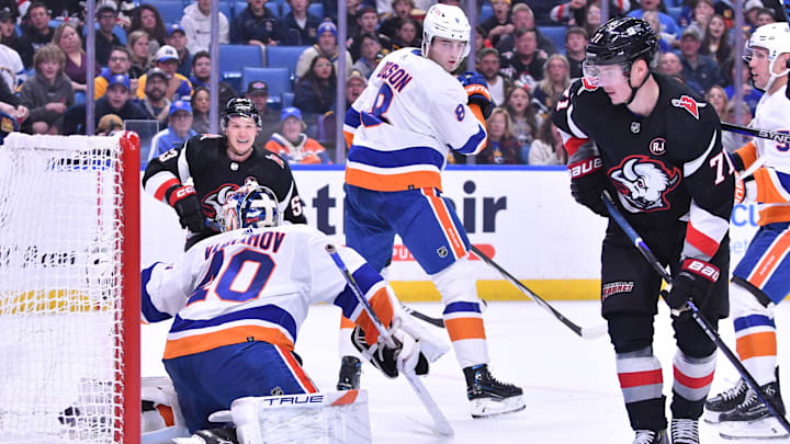 Oct 21, 2023; Buffalo, New York, USA; Buffalo Sabres left wing Jeff Skinner (53) scores a goal