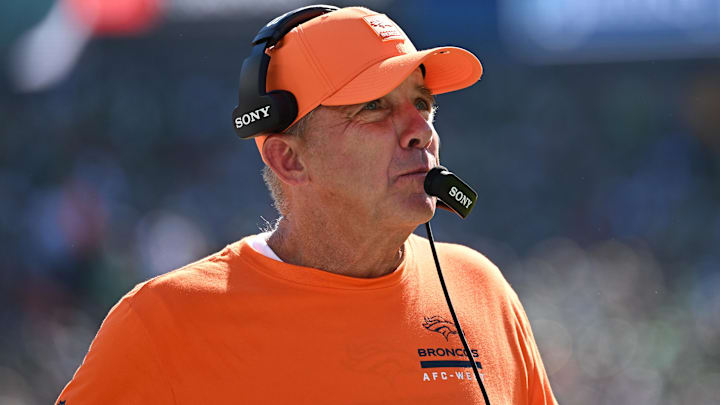 Oct 5, 2025; Philadelphia, Pennsylvania, USA; Denver Broncos head coach Sean Payton looks on in the second half against the Philadelphia Eagles at Lincoln Financial Field. 