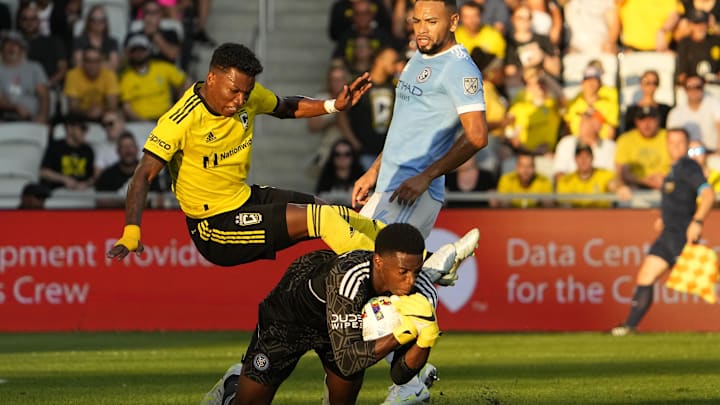 Aug 6, 2022; Columbus, Ohio, USA; Columbus Crew midfielder Luis Diaz (12) collides with New York