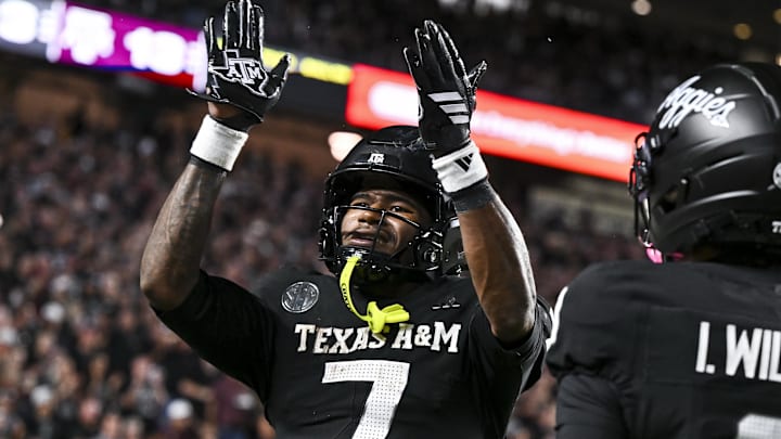 Oct 4, 2025; College Station, Texas, USA; Texas A&M Aggies wide receiver KC Concepcion (7) reacts after scoring a touchdown during the third quarter against the Mississippi State Bulldogs at Kyle Field. Mandatory Credit: Maria Lysaker-Imagn Images 