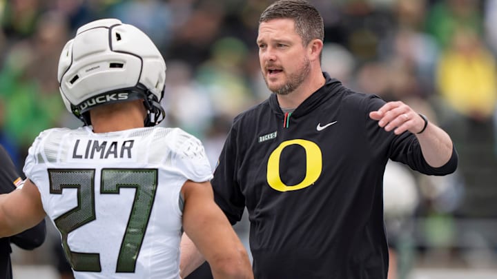 Oregon coach Dan Lanning greets Fighting Ducks running back Jayden Limar before the game as the Fighting Ducks face off against Mighty Oregon in the Oregon Ducks spring game on April 26, 2025, at Autzen Stadium in Eugene. Oregon coach Dan Lanning greets Fighting Ducks running back Jayden Limar before the game as the Fighting Ducks face off against Mighty Oregon in the Oregon Ducks spring game on April 26, 2025, at Autzen Stadium in Eugene.
