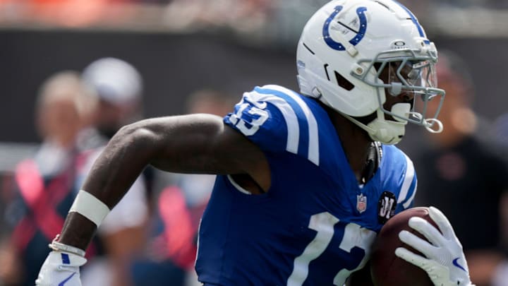 Indianapolis Colts wide receiver Laquon Treadwell (13) makes a catch and runs in for a touchdown Saturday, Aug. 23, 2025, during a game against the Cincinnati Bengals at Paycor Stadium in Cincinnati.