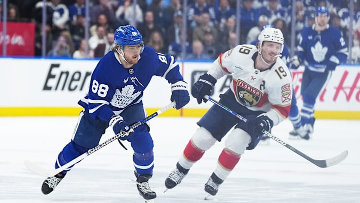 May 7, 2025; Toronto, Ontario, CAN; Toronto Maple Leafs right wing William Nylander (88) skates with Florida Panthers left wing Matthew Tkachuk (19) during the third period in game two of the second round of the 2025 Stanley Cup Playoffs at Scotiabank Arena. Mandatory Credit: Nick Turchiaro-Imagn Images