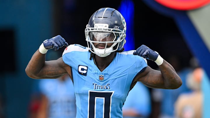 Sep 14, 2025; Nashville, Tennessee, USA;  Tennessee Titans wide receiver Calvin Ridley (0) takes the field against the Los Angeles Rams during the first half at Nissan Stadium. Mandatory Credit: Steve Roberts-Imagn Images