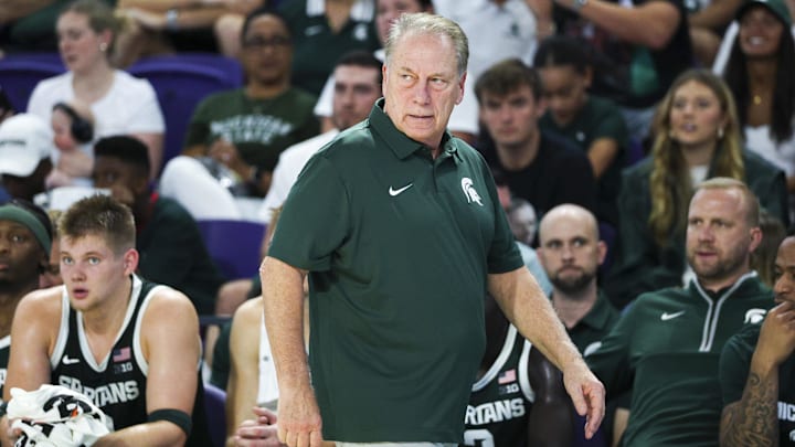 Nov 25, 2025; Fort Myers, Florida, USA; Michigan State Spartans head coach Tom Izzo looks on against the East Carolina Pirates in the first half at Suncoast Credit Union Arena. Mandatory Credit: Nathan Ray Seebeck-Imagn Images