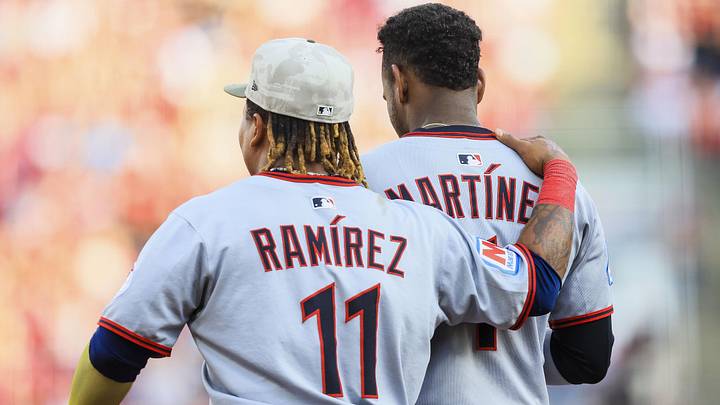 May 17, 2025: Cleveland Guardians third baseman Jose Ramirez (11) and outfielder Angel Martinez (1) walk onto the field in the second inning against the Cincinnati Reds at Great American Ball Park. 