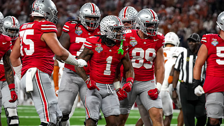 Ohio State running back Quinshon Judkins (1) celebrates a touchdown during the College Football Playoff semifinal game against the Texas Longhorns in the Cotton Bowl at AT&T Stadium on Friday, Jan. 10, 2024 in Arlington, Texas. Ohio State running back Quinshon Judkins (1) celebrates a touchdown during the College Football Playoff semifinal game against the Texas Longhorns in the Cotton Bowl at AT&T Stadium on Friday, Jan. 10, 2024 in Arlington, Texas.