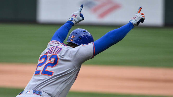 Apr 1, 2026; St. Louis, Missouri, USA; New York Mets left fielder Juan Soto (22) reacts after hitting a solo home run against the St. Louis Cardinals during the sixth inning at Busch Stadium. 