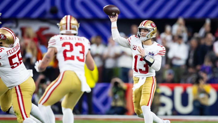 Feb 11, 2024; Paradise, Nevada, USA; San Francisco 49ers quarterback Brock Purdy (13) against the Kansas City Chiefs in Super Bowl LVIII at Allegiant Stadium. Mandatory Credit: Mark J. Rebilas-USA TODAY Sports Feb 11, 2024; Paradise, Nevada, USA; San Francisco 49ers quarterback Brock Purdy (13) against the Kansas City Chiefs in Super Bowl LVIII at Allegiant Stadium. Mandatory Credit: Mark J. Rebilas-USA TODAY Sports