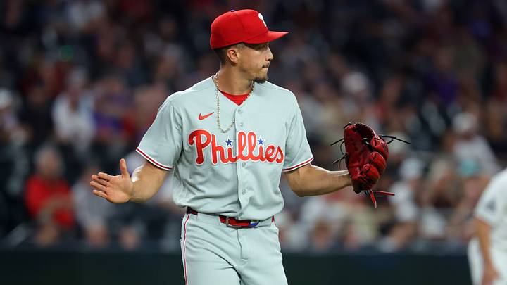 Aug 31, 2026; Phoenix, Arizona, USA; Philadelphia Phillies pitcher Alex McFarlane celebrates the final out in the sixth inning against the Arizona Diamondbacks at Chase Field. Mandatory Credit: Mark J. Rebilas-Imagn Images