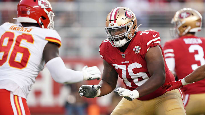 Aug 14, 2021; Santa Clara, California, USA; San Francisco 49ers offensive tackle Jaylon Moore (76) blocks Kansas City Chiefs defensive end Demone Harris (96) during the third quarter at Levi's Stadium. Mandatory Credit: Darren Yamashita-Imagn Images Aug 14, 2021; Santa Clara, California, USA; San Francisco 49ers offensive tackle Jaylon Moore (76) blocks Kansas City Chiefs defensive end Demone Harris (96) during the third quarter at Levi's Stadium. Mandatory Credit: Darren Yamashita-Imagn Images