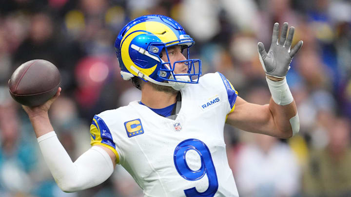 Oct 19, 2025; London, United Kingdom; Los Angeles Rams quarterback Matthew Stafford (9) passes the ball against the Jacksonville Jaguars during the first half of an NFL International Series game at Wembley Stadium. Mandatory Credit: Kirby Lee-Imagn Images Oct 19, 2025; London, United Kingdom; Los Angeles Rams quarterback Matthew Stafford (9) passes the ball against the Jacksonville Jaguars during the first half of an NFL International Series game at Wembley Stadium. Mandatory Credit: Kirby Lee-Imagn Images