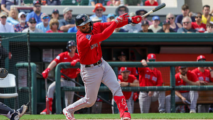 Feb 27, 2025; Lakeland, Florida, USA; Boston Red Sox catcher Carlos Narvaez (75) bats during the fourth inning against the Detroit Tigers at Publix Field at Joker Marchant Stadium. Mandatory Credit: Mike Watters-Imagn Images