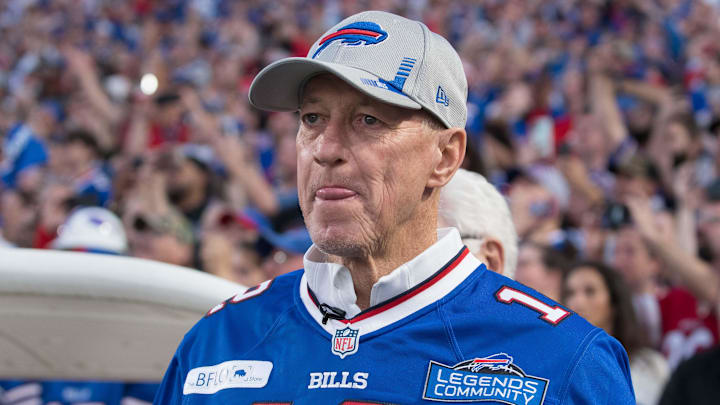Sep 19, 2022: Former Buffalo Bills former quarterback Jim Kelly stands at Highmark Stadium.