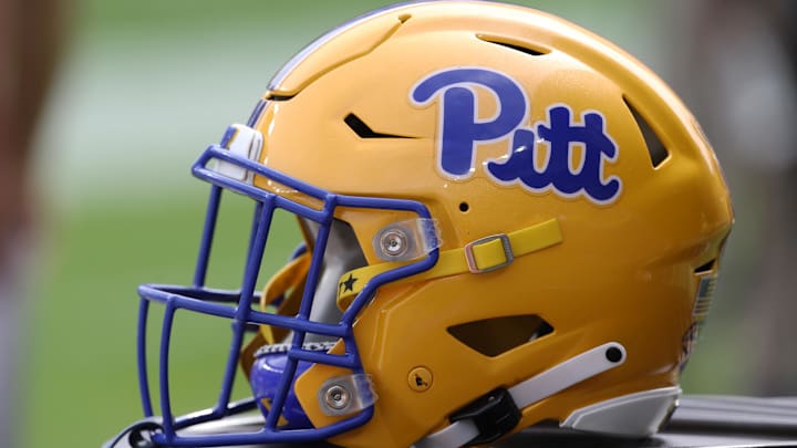 Sep 25, 2021; Pittsburgh, Pennsylvania, USA;  A Pittsburgh Panthers helmet on the sidelines against the New Hampshire Wildcats during the first quarter at Heinz Field. Mantdatory Credit: Charles LeClaire-Imagn Images
