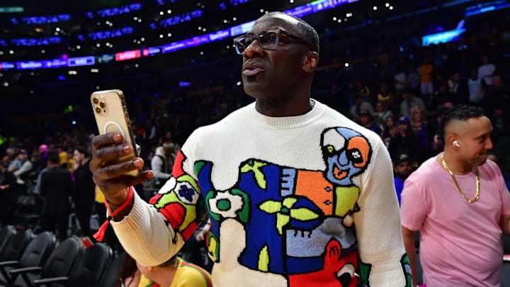 Feb 7, 2023; Los Angeles, California, USA; Former NFL player Shannon Sharpe attends the game between the Los Angeles Lakers and the Oklahoma City Thunder at Crypto.com Arena. Mandatory Credit: Gary A. Vasquez-Imagn Images