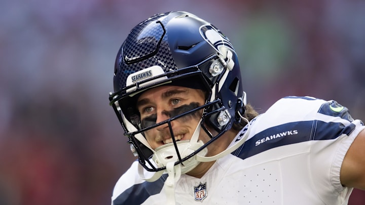 Dec 8, 2024; Glendale, Arizona, USA; Seattle Seahawks wide receiver Jake Bobo (19) against the Arizona Cardinals at State Farm Stadium. Mandatory Credit: Mark J. Rebilas-Imagn Images