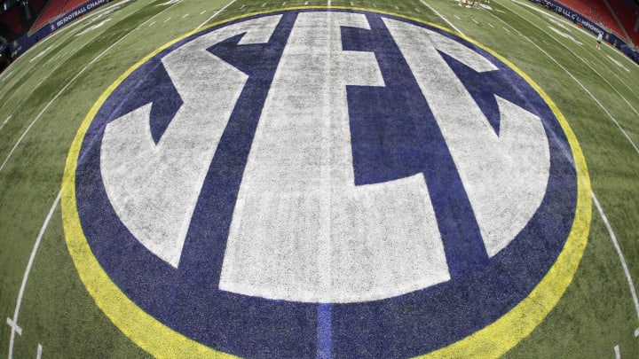 Dec 4, 2021; Atlanta, GA, USA; Detailed view of the SEC logo on the field before the SEC championship game between the Georgia Bulldogs and Alabama Crimson Tide at Mercedes-Benz Stadium. 