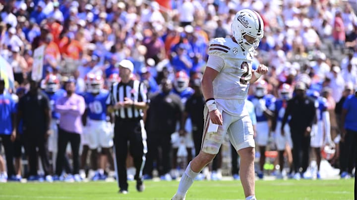 Mississippi State Bulldogs quarterback Blake Shapen (2) walks off the field after a turnover against the Florida Gators during the third quarter at Davis Wade Stadium at Scott Field.