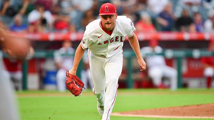Aug 10, 2026; Anaheim, California, USA; Los Angeles Angels pitcher Reid Detmers (48) fields the bunt of Texas Rangers second baseman Cam Cauley (27) during the third inning at Angel Stadium. Mandatory Credit: Gary A. Vasquez-Imagn Images Aug 10, 2026; Anaheim, California, USA; Los Angeles Angels pitcher Reid Detmers (48) fields the bunt of Texas Rangers second baseman Cam Cauley (27) during the third inning at Angel Stadium. Mandatory Credit: Gary A. Vasquez-Imagn Images