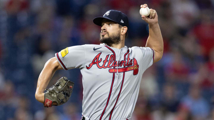 Sep 12, 2023; Philadelphia, Pennsylvania, USA; Atlanta Braves relief pitcher Brad Hand (45) throws a Sep 12, 2023; Philadelphia, Pennsylvania, USA; Atlanta Braves relief pitcher Brad Hand (45) throws a