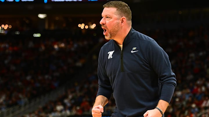 Mar 21, 2025; Milwaukee, WI, USA; Mississippi Rebels head coach Chris Beard during the first half of a first round NCAA men’s tournament game against the North Carolina Tar Heels at Fiserv Forum. Mandatory Credit: Benny Sieu-Imagn Images