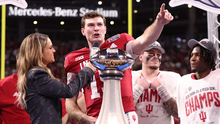 Indiana Hoosiers quarterback Fernando Mendoza (15) reacts after the 2025 Peach Bowl