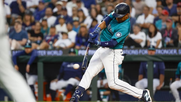 Seattle Mariners second baseman Jorge Polanco hits an RBI single on Saturday against the Philadelphia Phillies at T-Mobile Park. Seattle Mariners second baseman Jorge Polanco hits an RBI single on Saturday against the Philadelphia Phillies at T-Mobile Park.