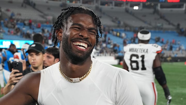 Aug 8, 2025; Cleveland Browns quarterback Shedeur Sanders reacts after the game at Bank of America Stadium. Aug 8, 2025; Cleveland Browns quarterback Shedeur Sanders reacts after the game at Bank of America Stadium.