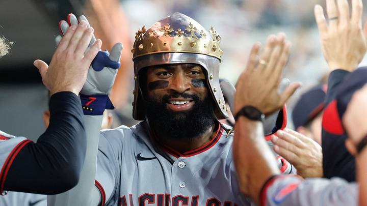 Aug 11, 2026: Cleveland Guardians right fielder Jo Adell (7) receives congratulations from teammates after he hits a home run in the eighth inning against the Detroit Tigers at Comerica Park. Credit: Rick Osentoski-Imagn Images