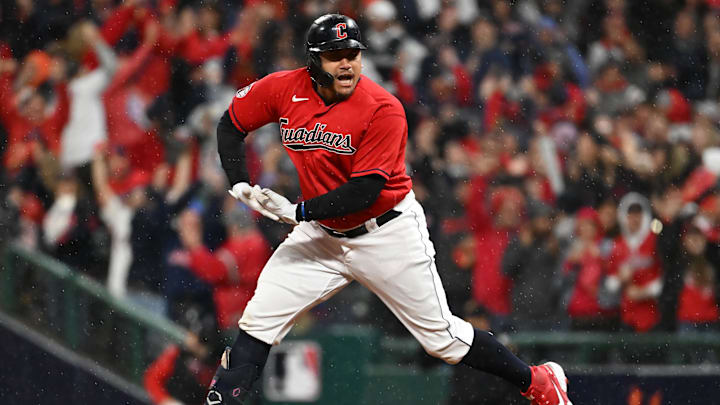 Oct 16, 2022; Cleveland, Ohio, USA; Cleveland Guardians designated hitter Josh Naylor (22) reacts