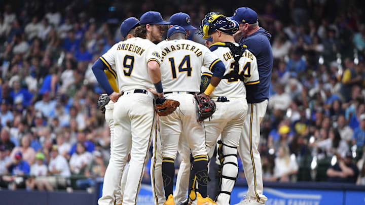 Jul 5, 2023; Milwaukee, Wisconsin, USA; Milwaukee Brewers pitching coach Chris Hook (84) talks with