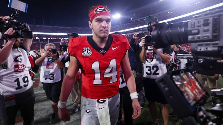 Nov 15, 2025; Athens, Georgia, USA; Georgia Bulldogs quarterback Gunner Stockton (14) looks on after the game against the Texas Longhorns at Sanford Stadium. Mandatory Credit: Brett Davis-Imagn Images