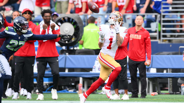 Sep 7, 2025; Seattle, Washington, USA; San Francisco 49ers wide receiver Ricky Pearsall (1) catches a pass during the second half against the Seattle Seahawks at Lumen Field. Mandatory Credit: Steven Bisig-Imagn Images