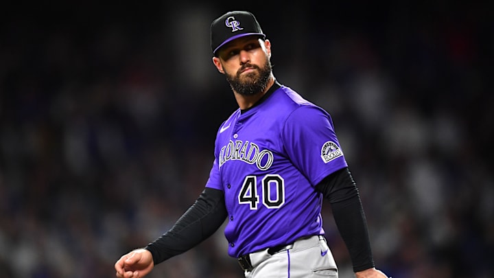 May 27, 2025; Chicago, Illinois, USA; Colorado Rockies pitcher Tyler Kinley (40) looks on during a game against the Chicago Cubs at Wrigley Field. Mandatory Credit: Patrick Gorski-Imagn Images