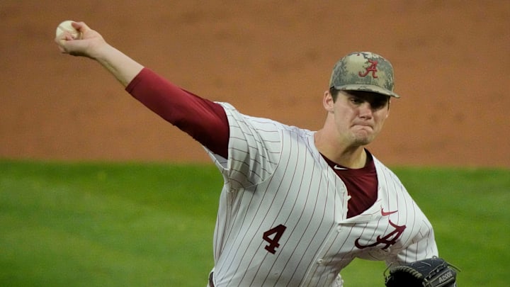 Apr 25, 2025; Tuscaloosa, AL, USA; Alabama pitcher Riley Quick makes a pitch during the game with Missouri at Sewell-Thomas Stadium Friday night.