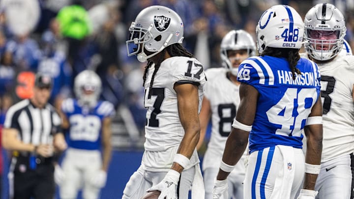Dec 31, 2023; Indianapolis, Indiana, USA; Las Vegas Raiders wide receiver Davante Adams (17) celebrates his touchdown  in the second half  against the Indianapolis Colts at Lucas Oil Stadium.