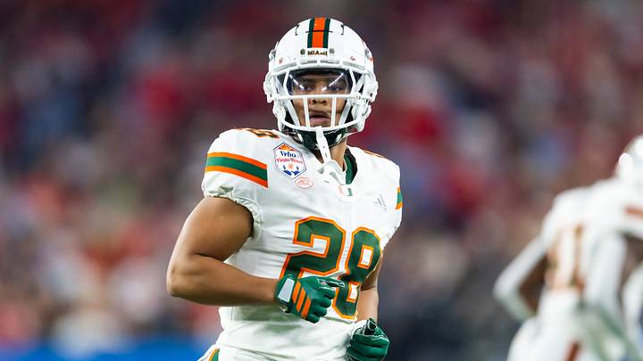 Jan 8, 2026; Glendale, AZ, USA; Miami Hurricanes defensive back Isaiah Taylor (28) against the Mississippi Rebels during the 2026 Fiesta Bowl and semifinal game of the College Football Playoff at State Farm Stadium. Mandatory Credit: Mark J. Rebilas-Imagn Images