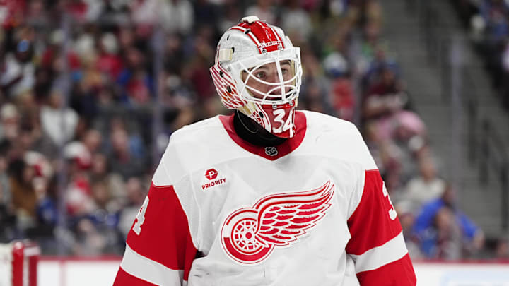 Mar 25, 2025; Denver, Colorado, USA; Detroit Red Wings goaltender Alex Lyon (34) following a goal allowed in the second period against the Colorado Avalanche at Ball Arena. Mandatory Credit: Ron Chenoy-Imagn Images